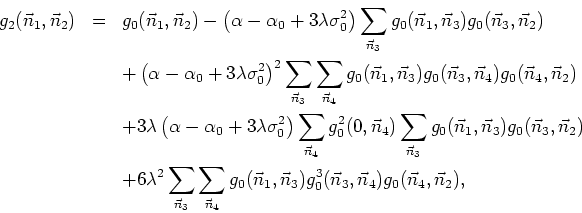 \begin{eqnarray*}
g_{2}(\vec{n}_{1},\vec{n}_{2}) & = & g_{0}(\vec{n}_{1},\vec{n}...
..._{0}^{3}(\vec{n}_{3},\vec{n}_{4})g_{0}(\vec{n}_{4},\vec{n}_{2}),
\end{eqnarray*}