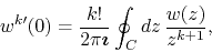 \begin{displaymath}
w^{k\prime}(0)
=
\frac{k!}{2\pi\mbox{\boldmath$\imath$}}
\oint_{C}dz\,
\frac{w(z)}{z^{k+1}},
\end{displaymath}