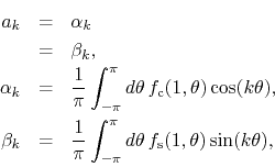 \begin{eqnarray*}
a_{k}
& = &
\alpha_{k}
\\
& = &
\beta_{k},
\\
\alpha...
... \int_{-\pi}^{\pi}d\theta\,
f_{\rm s}(1,\theta)
\sin(k\theta),
\end{eqnarray*}