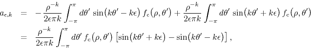 \begin{eqnarray*}
a_{\epsilon,k}
& = &
-\,
\frac{\rho^{-k}}{2\epsilon \pi k}...
...silon\right)
-
\sin\!\left(k\theta'-k\epsilon\right)
\right],
\end{eqnarray*}