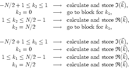 \begin{displaymath}
\begin{array}{ccl}
-N/2+1\leq k_{2}\leq 1 & \longrightarrow ...
...box{calculate and store&nbsp;}\mathfrak{R}(\vec{k}). \\
\end{array}\end{displaymath}