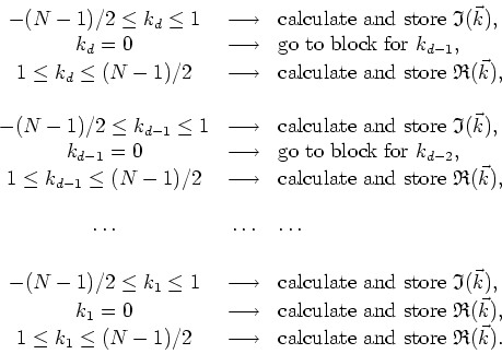 \begin{displaymath}
\begin{array}{ccl}
-(N-1)/2\leq k_{d}\leq 1 & \longrightarro...
...box{calculate and store&nbsp;}\mathfrak{R}(\vec{k}). \\
\end{array}\end{displaymath}
